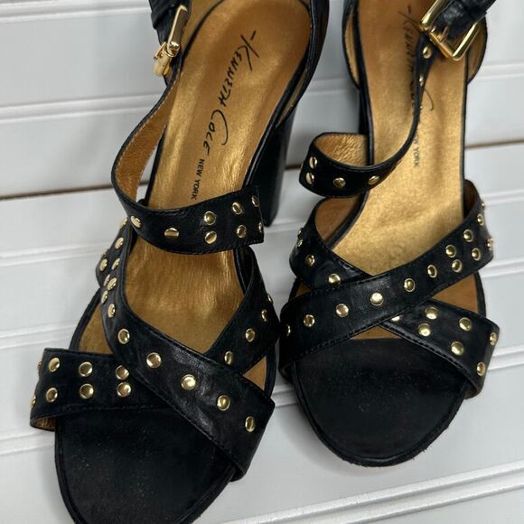 Kenneth Cole NY genuine leather black strappy heels studs buckle gold‎ - Picture 10 of 10